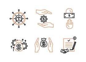 Financial services icons set. Icons asset management, wealth management, insurance, venture capital. Icons gear with a dollar between the palms, a steering wheel with a briefcase and a dollar vector