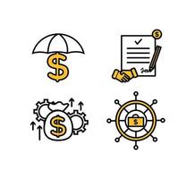 Financial services icons set. Icons wealth management, insurance. Wheel icons with a case and a dollar sign, a money bag with gears and arrows up, down, a document on which a pencil, handshake vector