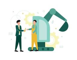 Finance. Leasing. A man in a suit passes the key to a man in a worker's clothes, against the background of an excavator, gears, numbers, a dollar sign. Vector illustration