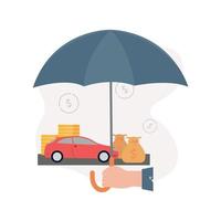 Insurance. Illustration of a hand holds an umbrella under which a machine, stacks of coins, a money bag, on the background of dollar signs vector