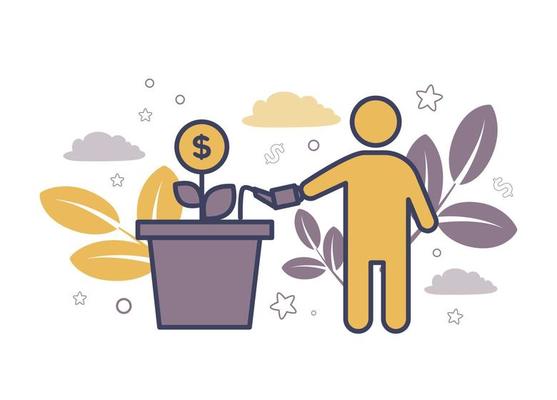 Finance. Financial services. Trust Services. Fiduciary services. Illustration of a silhouette of a man watering a plant in a pot, instead of a bud a dollar coin
