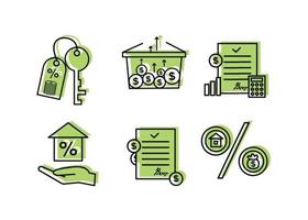 Finance icons. Financial services icons set. Mortgage, financial exchange icons. In the palm of your hand is a house with a percentage, a key with a keychain, on which coins and a percentage vector