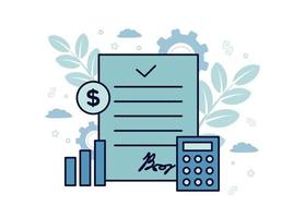 Finance illustration. Financial exchange. A document on it with a calculator, chart, coin, on the background of gears, clouds, branches with leaves, dollar signs, stars vector