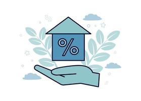 Finance illustration. Mortgage. On the palm of the house with a percentage, against the background of branches with leaves, clouds, stars, the dollar icon vector