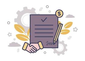 Finance. Wealth management. Financial services. Illustration of a document on which a pencil, a handshake, a coin, on the background of a gear, branches with leaves, stars, clouds, a dollar sign vector