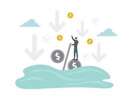 Default. A person stands on a percentage drowning in water, one hand is raised up, coins are instead of percentage circles, against the background of a down arrow. Vector illustration.