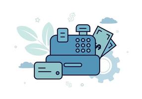 Finance. Vector illustration of settlement operations. Cash register, bills and a card near it, against the background of a gear, a plant, clouds