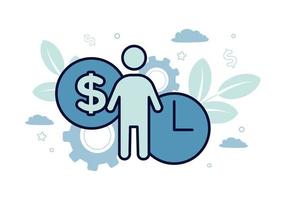 Finance. Vector illustration of financial management. Icon silhouette of a man, followed by an icon with a dollar sign and a clock with arrows, on the background of gears, plants, leaves