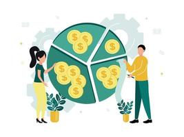 Finance. Vector illustration of econometrics. A woman makes calculations, a man writes them down next to a pie chart, in each segment of which there are dollar coins, against the background of a gear