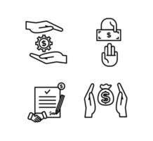 Financial services icons set. Icons insurance, venture capital, asset management, wealth management. Icons gear with a dollar between the palms, a handshake, a pencil, a coin on a document vector