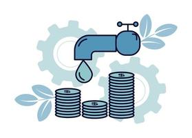 Finance. Financial services. Resource financing. Illustration of a drop falling from a tap, under it stacks of coins, on the background of gears, branches with leaves vector