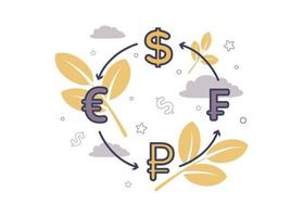 Finance illustration. International Currency Exchange. Graphic symbols of world currencies with insoles in a circle, on the background of a branch with leaves, clouds, dollar sign, stars vector