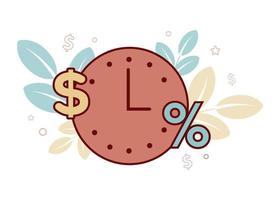 Finance. Financial services. Lending. Illustration of a clock with a dial, a dollar sign on the sides, a percentage, on a background a branch with leaves, stars, dollars vector