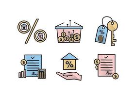 Finance icons. Financial services icons set. Mortgage, financial exchange icons. In the palm of your hand is a house with a percentage, a key with a keychain, on which coins and a percentage vector