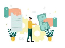 Finance. Financial intermediaries. The man reaches for the bills that the big hand gives, looks at the document that the hand is holding, against the background of the gear. Vector illustration