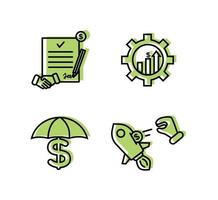 Financial services icons set. Icons wealth management, venture capital, asset management, insurance. Icons handshake, pencil, coin on a document, a hand throws a coin into a rocket vector