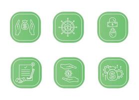 Financial services icons set. Icons asset management, wealth management, insurance, venture capital. Icons gear with a dollar between the palms, a steering wheel with a briefcase and a dollar vector