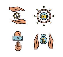 Financial services icons set. Icons asset management, wealth management, insurance, venture capital. Icons gear with a dollar between the palms, a helm with a case and a dollar vector