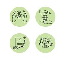 Financial services icons set. Icons venture capital, asset management, wealth management. Icons gear with a dollar between the palms, a handshake, a pencil, a coin on a document vector