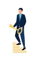 Vector illustration of a man in a business suit with a key in his hands stands on the steps