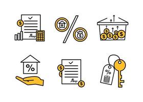 Finance icons. Financial services icons set. Mortgage, financial exchange icons. In the palm of your hand is a house with a percentage, a key with a keychain, on which coins and a percentage vector