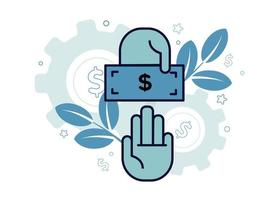 Finance. Venture capital. Financial services. Illustration of two palms, one of which gives a bill, the other takes, on the background of a gear, a dollar sign, a star, branches with leaves vector