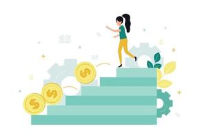 Finance. Vector illustration of devaluation. Coins are rolling down the steps of the stairs, a woman is trying to catch up with them and catch, against the background of a gear, a plant