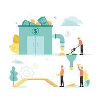 Finance. Vector illustration of lending. From the bank with banknotes, coins come through the pipeline, which the builders put with a shovel into the funnel from which the worker is taken and built