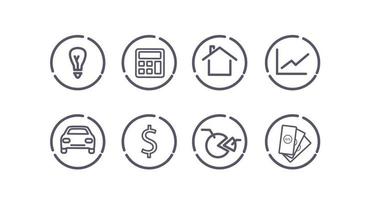 Finance icons set. Icons light bulb, calculator, house, graph, machine, dollar, chart, dollar bills vector