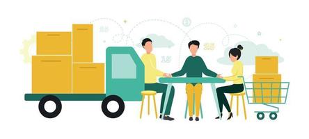 finanzas. factorización. personas son sentado a el mesa, a su izquierda es un camión con cajas, a el Derecha es un carro con cajas, con engranajes en el antecedentes. vector ilustración