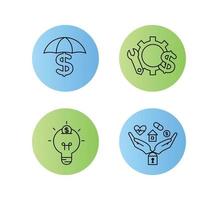 Financial services icons set. Icons insurance, venture capital, asset management. Icons light bulb with a coin, gear with a mechanical key and a dollar sign, palm with a lock vector