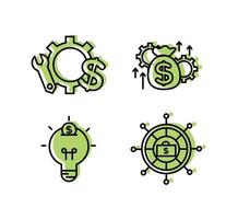 Financial services icons set. Icons wealth management, venture capital, asset management. Icons gear with a mechanical key and a dollar, a light bulb with a coin, a helm with a case and a dollar sign vector