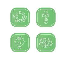 Financial services icons set.Icons venture capital, asset management, wealth management.Icons light bulb with a coin, gear with a mechanical key and a dollar sign, two hands, one of which gives a bill vector