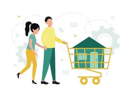 Finance. Leasing. Man and woman. They walk with a cart, in which there is a house, against the background of a gear, a figure, a number, a dollar sign. Vector illustration