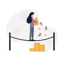 Illustration of a woman walking on a rope with a money bag in her hands, from which bills are streaming, under a rope stacks of coins, on the background of dollar signs vector