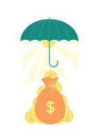 Vector illustration of an umbrella, under it the sun with rays, a money bag with a dollar sign, coins