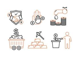 Finance icons. Financial services icons set. Icons of resource financing, trust services. A silhouette of a man watered a plant in a pot, instead of a bud, a dollar coin, a drop falls from the tap vector