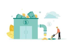 Vector illustration of a bank building with banknotes and stacks of coins there is a pipe from which coins are poured, a man in a helmet collects them with a shovel