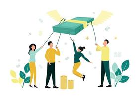 Finance. Vector illustration of inflation. Men and women hold a stack of notes with ropes, which fly up on their wings, next to stacks of coins, branches with leaves, dollar signs, numbers