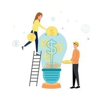 Vector illustration a woman standing on a stepladder throws coins into a light bulb with a dollar sign, next to a man in a hard hat holds a coin