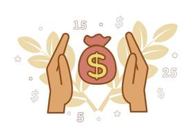 Financial services. Insurance. Illustration of a money bag with a dollar sign between the palms, on the background of a branch with leaves, numbers, stars vector