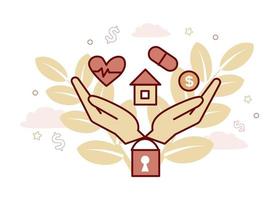 Financial services. Insurance. Illustration of two hands near, under them a padlock, on them is a house, a tablet, a heart with a cardiogram, a coin vector