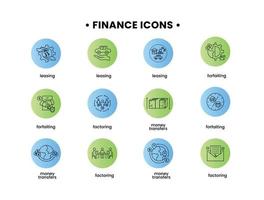 vector Finanzas ilustración. forfaiting íconos colocar, arrendamiento, factorización, dinero transferencias