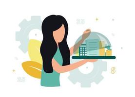 Finance. Vector illustration of financial management. A woman holds documents, a calculator, stacks of coins, against the background of gears, leaves, numbers on a tray under a transparent cap.