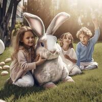 Children playing with Easter Bunny an meadow photo