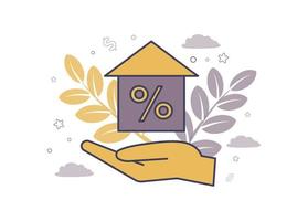 Finance illustration. Mortgage. On the palm of the house with a percentage, against the background of branches with leaves, clouds, stars, the dollar icon vector