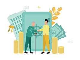 Finance. Trust, fiduciary services. A man and an elderly man shake hands near the safe, next to documents, keys, bills and stacks of coins. Vector illustration