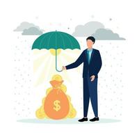 finanzas. vector ilustración seguro. un hombre sostiene un paraguas terminado un dinero bolso con monedas, en contra un antecedentes de gris nubes y lluvia, debajo un paraguas el Dom con rayos