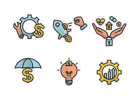 Financial services icons set. Icons insurance, venture capital, asset management. Icons gear with a mechanical key and a dollar sign, palm with a lock, a house, a heart, a tablet and a coin vector