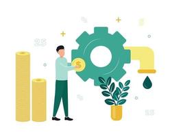 Finance. Resource financing. A man with a dollar coin near a gear, from which a tap with a drop, stacks of coins near him, a plant. Vector illustration